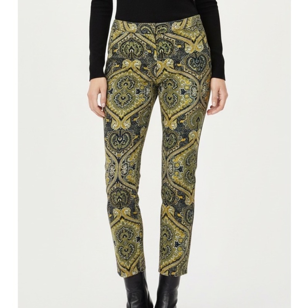 Tommy Hilfiger Green Gold Paisley‎ Cotton Blend Ankle Pants 12 Front Zip